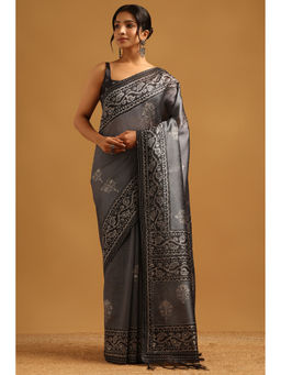 Soch - Women Grey Tussar Thread Work Printed Saree