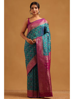 Soch - Women Teal Silk Blend Printed Saree