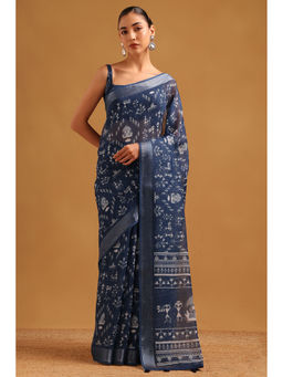Soch - Women Indigo Chanderi Tassels Printed Saree