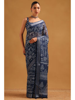 Soch - Women Indigo Chanderi Tassels Printed Saree