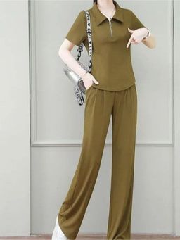 Outzidr - Olive Solid/Plain Regular Co-Ord Set