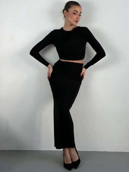 Outzidr - Black Solid/Plain Bodycon Co-Ord Set