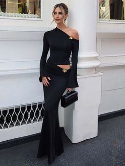 Outzidr - Black Solid/Plain Bodycon Co-Ord Set