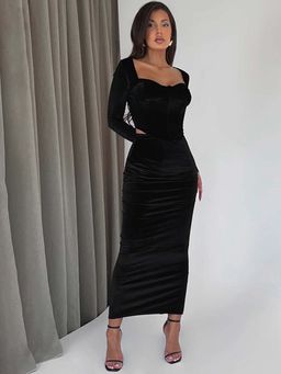 Outzidr - Black Solid/Plain Bodycon Co-Ord Set