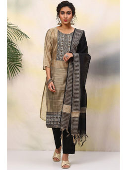 Biba - Black Cotton Unstitched Suit (Set of 3)