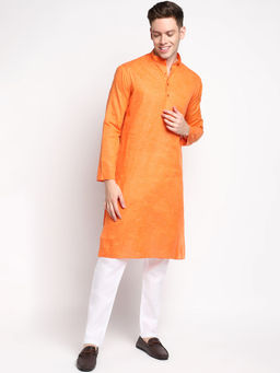Devoiler - Men Self Design Tangerine Orange Cotton Kurta