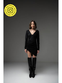 SOTBELLA - Black Ruched Mini Dress with Chain Detail At Neck