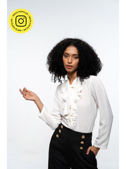 SOTBELLA - White Ruffle Tie-Up Neck Flowy Shirt