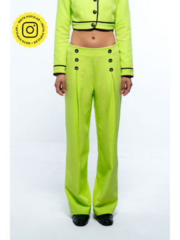 SOTBELLA - Neon Green Pants with Inverted Pleates and Black Button