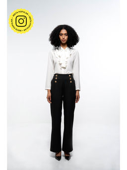 SOTBELLA - Elegant White & Black Ruffle Neck Shirt and Wide Leg Pants (Set of 2)