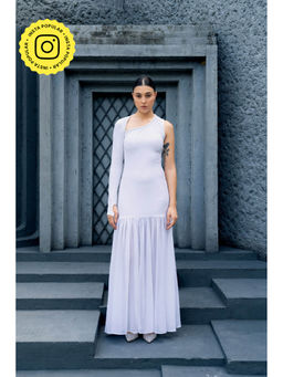 SOTBELLA - White Solid/Plain Asymmetric Neckline Gathered Maxi Dress