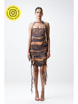 SOTBELLA - Brown Printed Ruched Dress with Ruffles