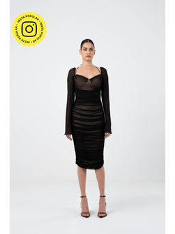 SOTBELLA - Black Solid/Plain Rushed Mesh Dress with Tie-Detail