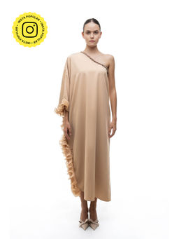 SOTBELLA - Beige Embellished/Sequined One Shoulder Kaftan Dress