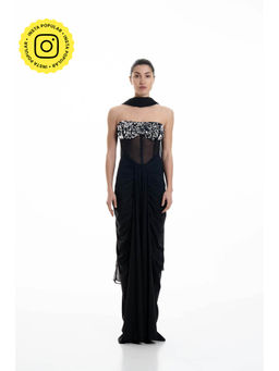 SOTBELLA - Midnight Corseted Drape Dress With Dupatta (Set of 2)