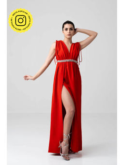 SOTBELLA - Adjustable Sleeve Embellished Red Dress