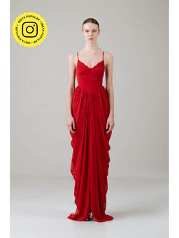 SOTBELLA - Red Scallop Bustier Corset Draped Dress