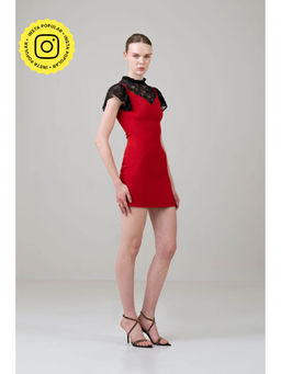 SOTBELLA - Red Mini Fitted Mesh Panelling Dress