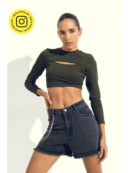 SOTBELLA - Cutout Detail Olive Pullover Crop Top