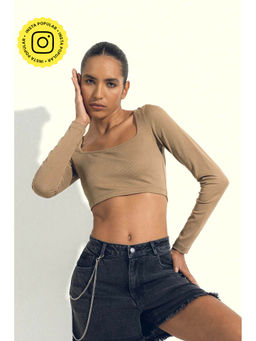 SOTBELLA - Brown Square Neck Full-Sleeve Crop Top