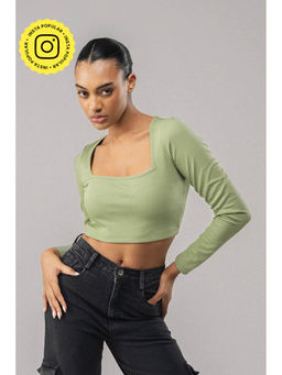 SOTBELLA - Sage Green Square Neck Full-Sleeve Crop Top