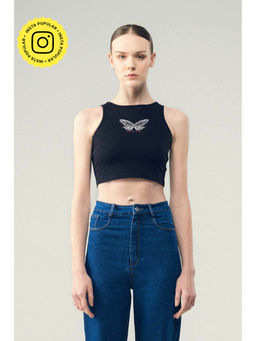 SOTBELLA - Black Butterfly Cropped Top