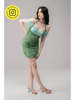 SOTBELLA - Green Sequin Cold-Shoulder Mini Dress