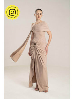 SOTBELLA - One-Shoulder Draped Dress with Gold Flower Detail