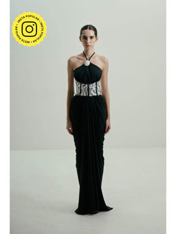 SOTBELLA - Black Draped Gown with Monochrome Sequin Corset