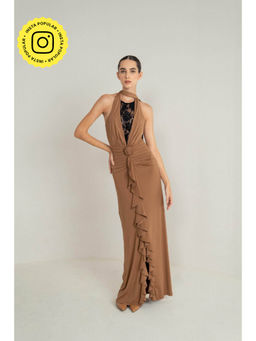 SOTBELLA - Camel Drape Halter Gown with Rosette Detail and Lace Insert