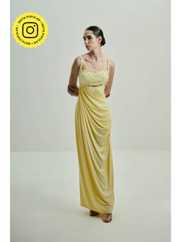 SOTBELLA - Butter Yellow Draped Gown with Crystal-Embellished Bust