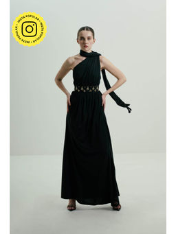 SOTBELLA - Black One-Shoulder Draped Gown with Embellished Waist
