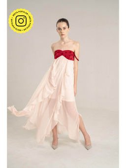SOTBELLA - Pink Flowing Midi Dress with Red Embellished Bustier