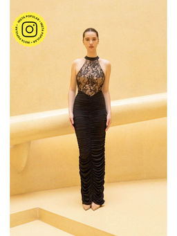 SOTBELLA - Black Lace Halter Neck Ruched Evening Gown