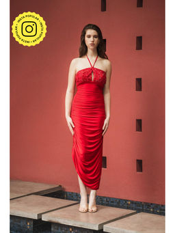 SOTBELLA - Red Halter Neck Ruched Gown with Embellished Bodice