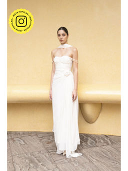 SOTBELLA - Ivory Draped Gown with Off-Shoulder Pearl Straps
