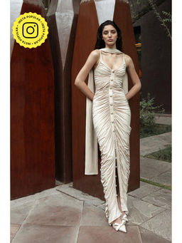 SOTBELLA - Beige Ruched Maxi Dress with Stole