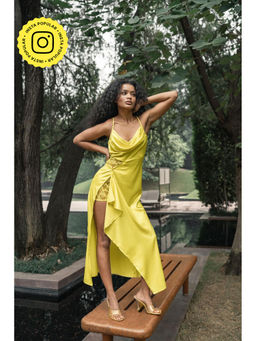 SOTBELLA - Lemon Yellow Draped Midi Dress with Lace Detail