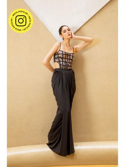 SOTBELLA - Black Draped Gown with Grid Corset Bodice