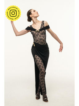 SOTBELLA - BLACK LACE BODICE DRAPED MAXI DRESS