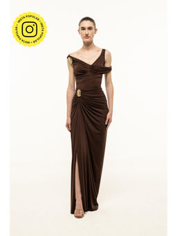 SOTBELLA - BROWN DRAPED MAXI DRESS WITH GOLD TRIM