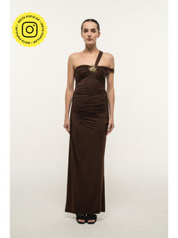 SOTBELLA - BROWN ONE-SHOULDER DRAPED MAXI DRESS WITH GOLD STAR DETAIL