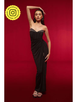 SOTBELLA - Black Embellished Strapless Dress with Slit