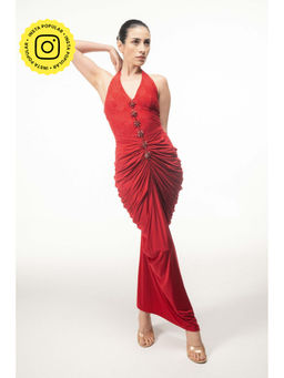 SOTBELLA - Red Halter Neck Draped Dress