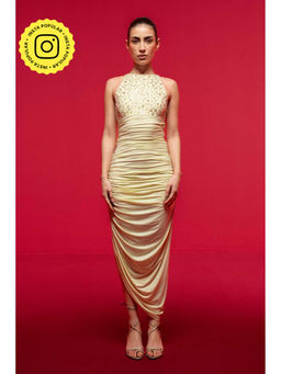 SOTBELLA - Yellow Embellished Halter-Neck Draped Dress