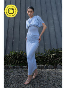 SOTBELLA - Ash Blue Ruched Drape Maxi Dress