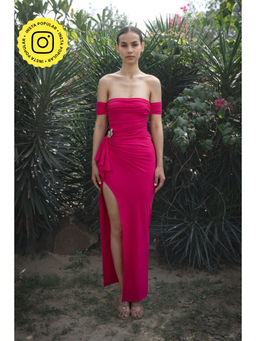 SOTBELLA - Pink Fuchsia Off-Shoulder Ruched Maxi Dress