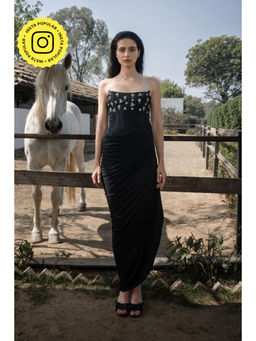 SOTBELLA - Black Embellished Strapless Draped Dress