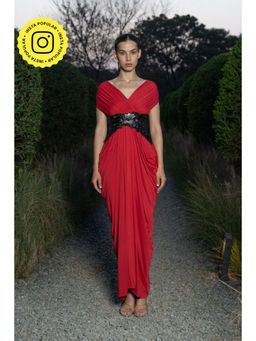 SOTBELLA - Red Draped Evening Gown with Embellished Waist Detail