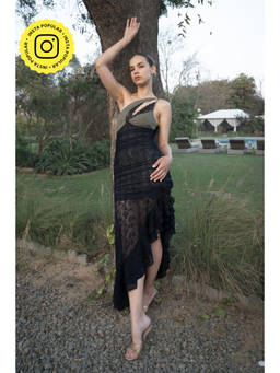 SOTBELLA - Black Asymmetric Lace Detail Midi Dress with Frill Hem
